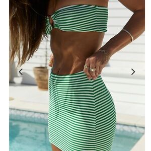 Green Striped Bikini and Skirt Set